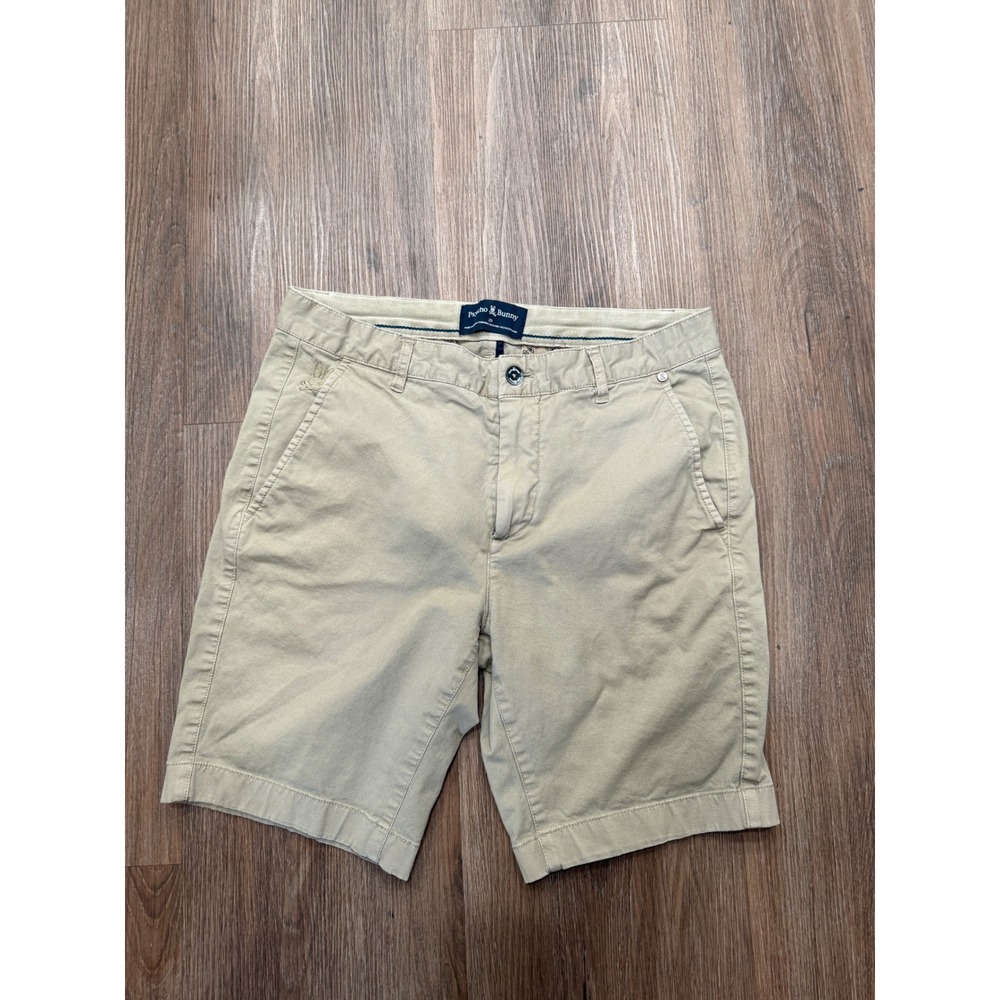 Psycho Bunny Mens Khaki Tan Stretch Cotton Chino Shorts Size 29 Bunny Logo
